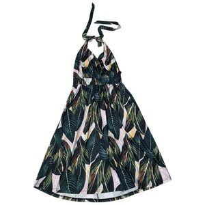 OUGES Women Large Tropical Leaf Halter Neck Sun Dress Green Pink Large NWT